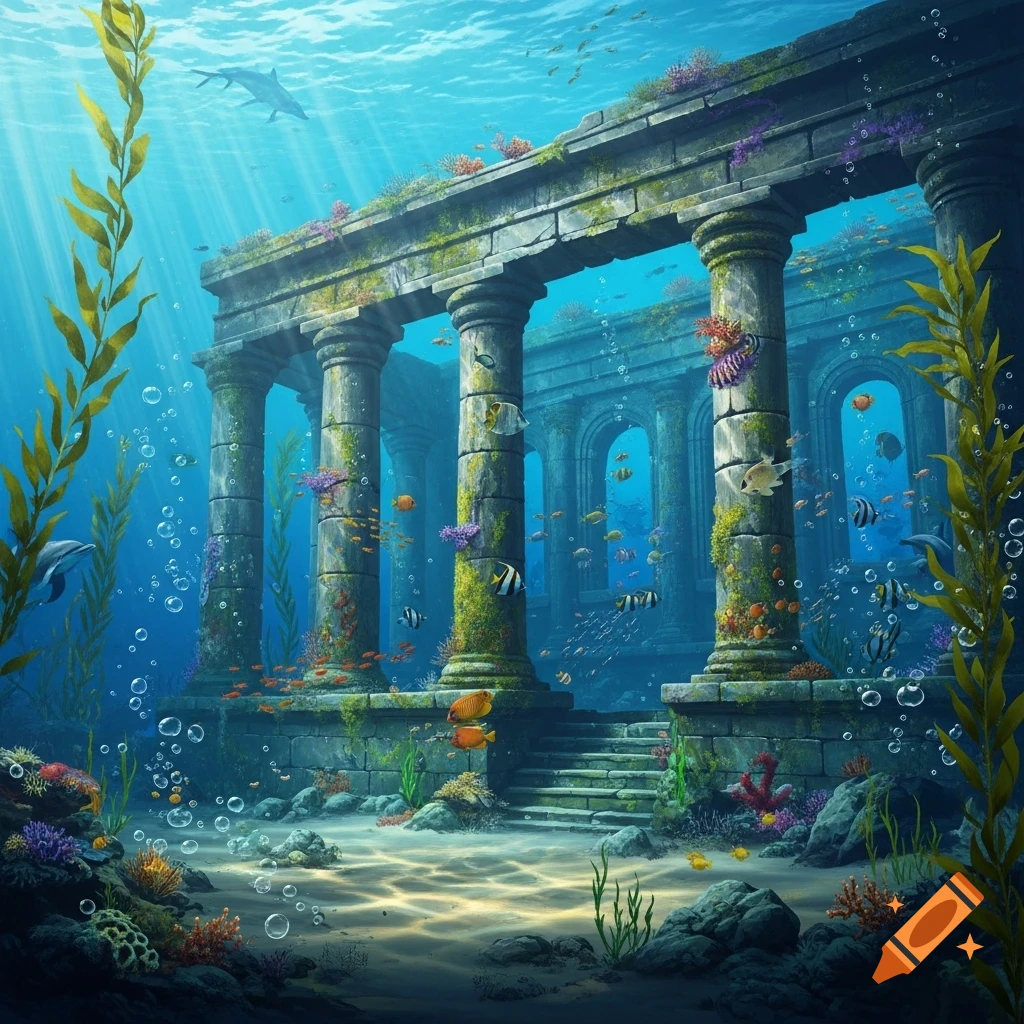 Underwater scene with ancient stone ruins, columns, fish, coral, and a dolphin, bathed in light rays from above.