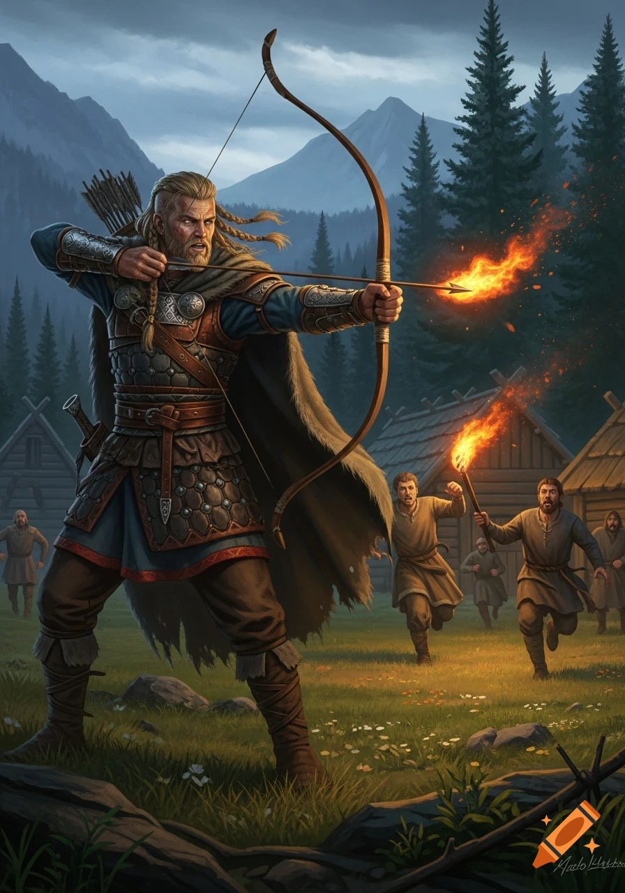A detailed digital art image of a muscular Viking archer aiming a flaming arrow at running villagers in front of wooden houses and mountains.