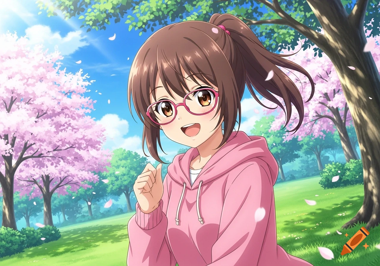 A smiling anime girl with brown hair in a ponytail, pink glasses, and a ...