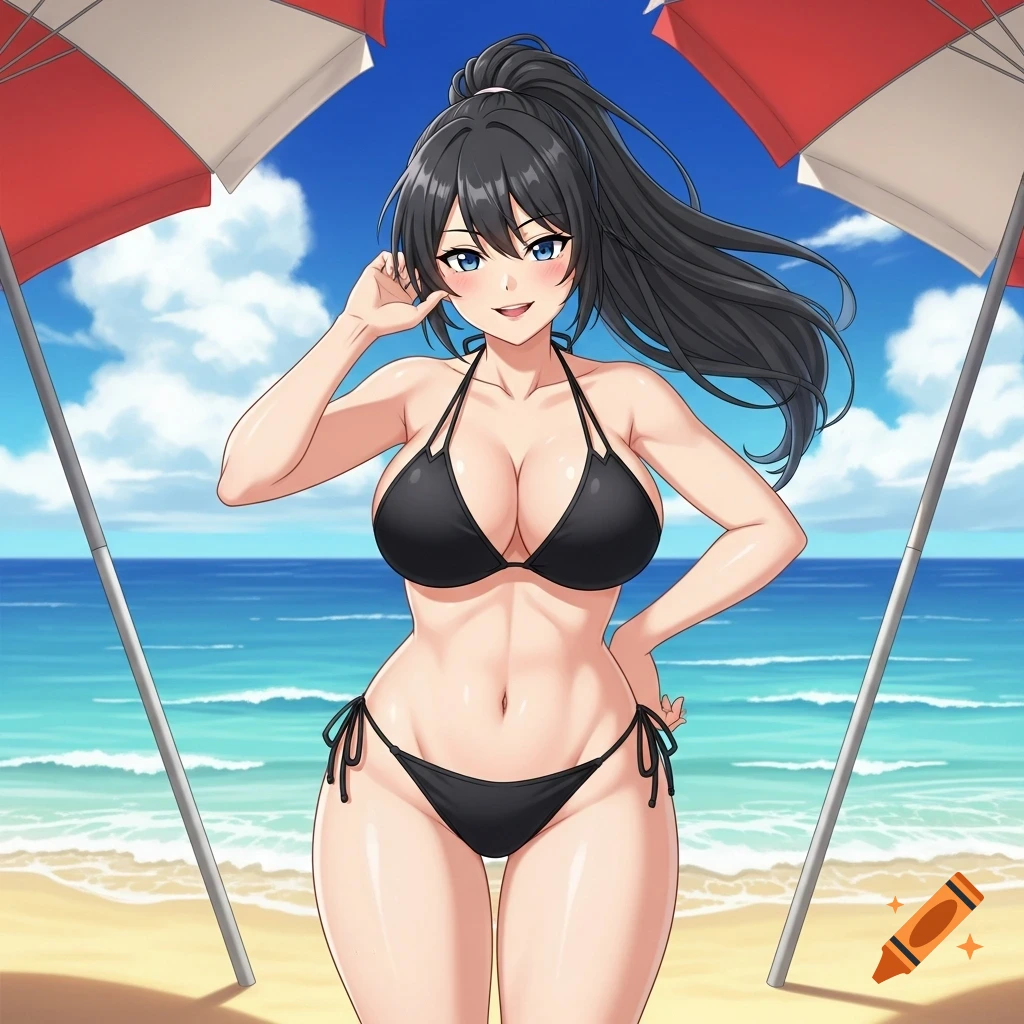 Anime girl with black ponytail in a black bikini poses on a sunny beach with umbrellas in the background.