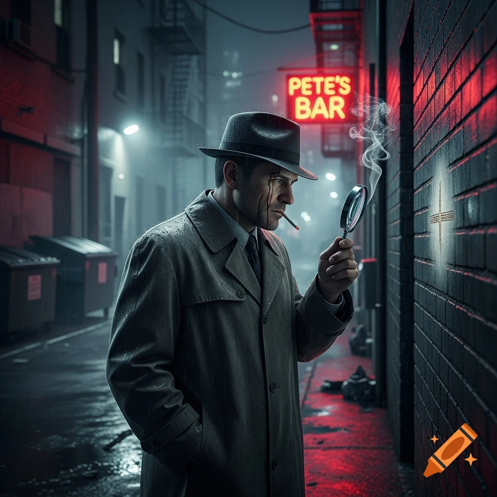 Photorealistic detective smokes, examining a wall in a dark, rainy alley with a 'PETE'S BAR' neon sign.