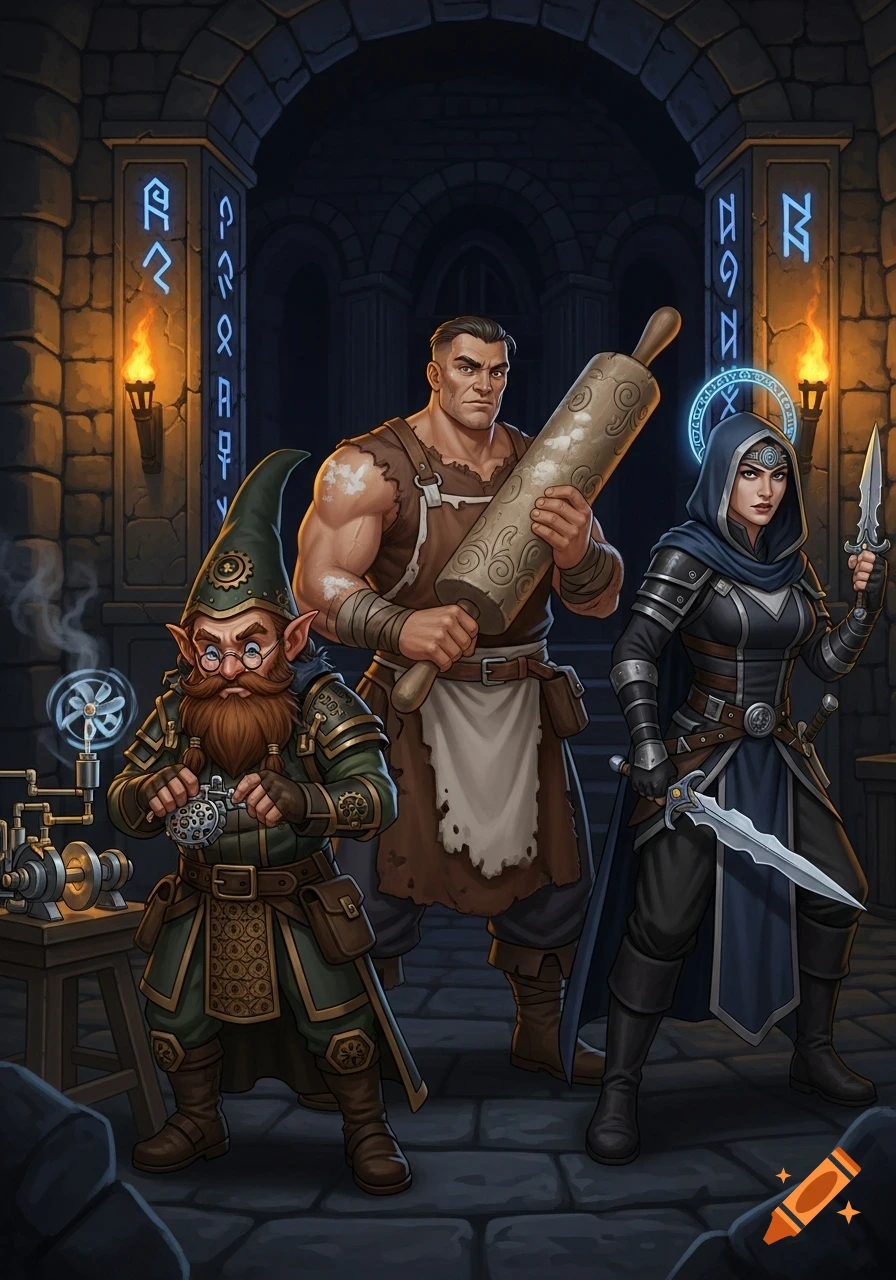 A gnome artificer, barbarian baker, and cleric rogue stand in a dark fantasy dungeon with glowing runes.