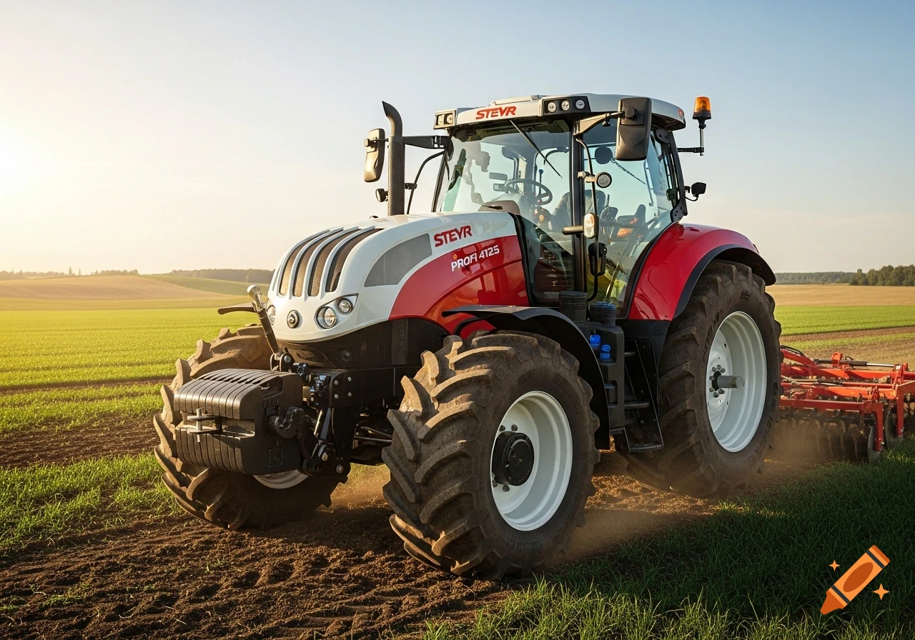 A red and white Steyr Profi 4125 tractor sits in a green agricultural field under a bright, clear sky.