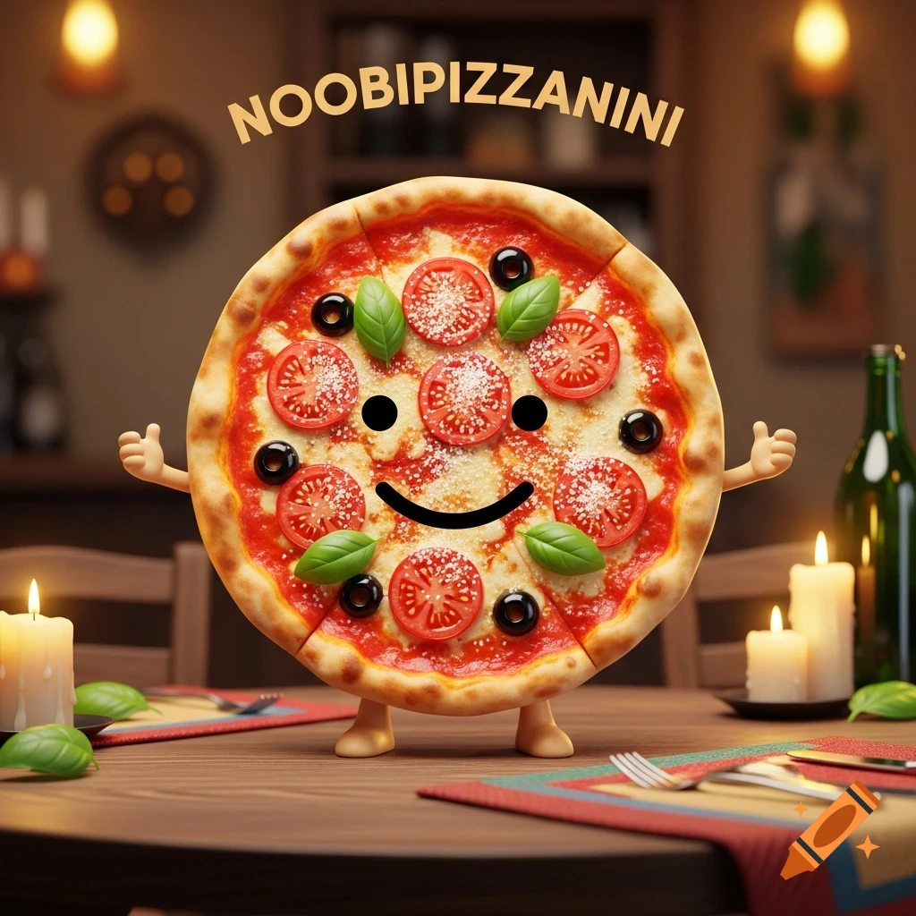 A cheerful cartoon pizza with a smiling face, arms, and legs sits at a dining table in a restaurant setting, with text "NOOBIPIZZANINI" above it.