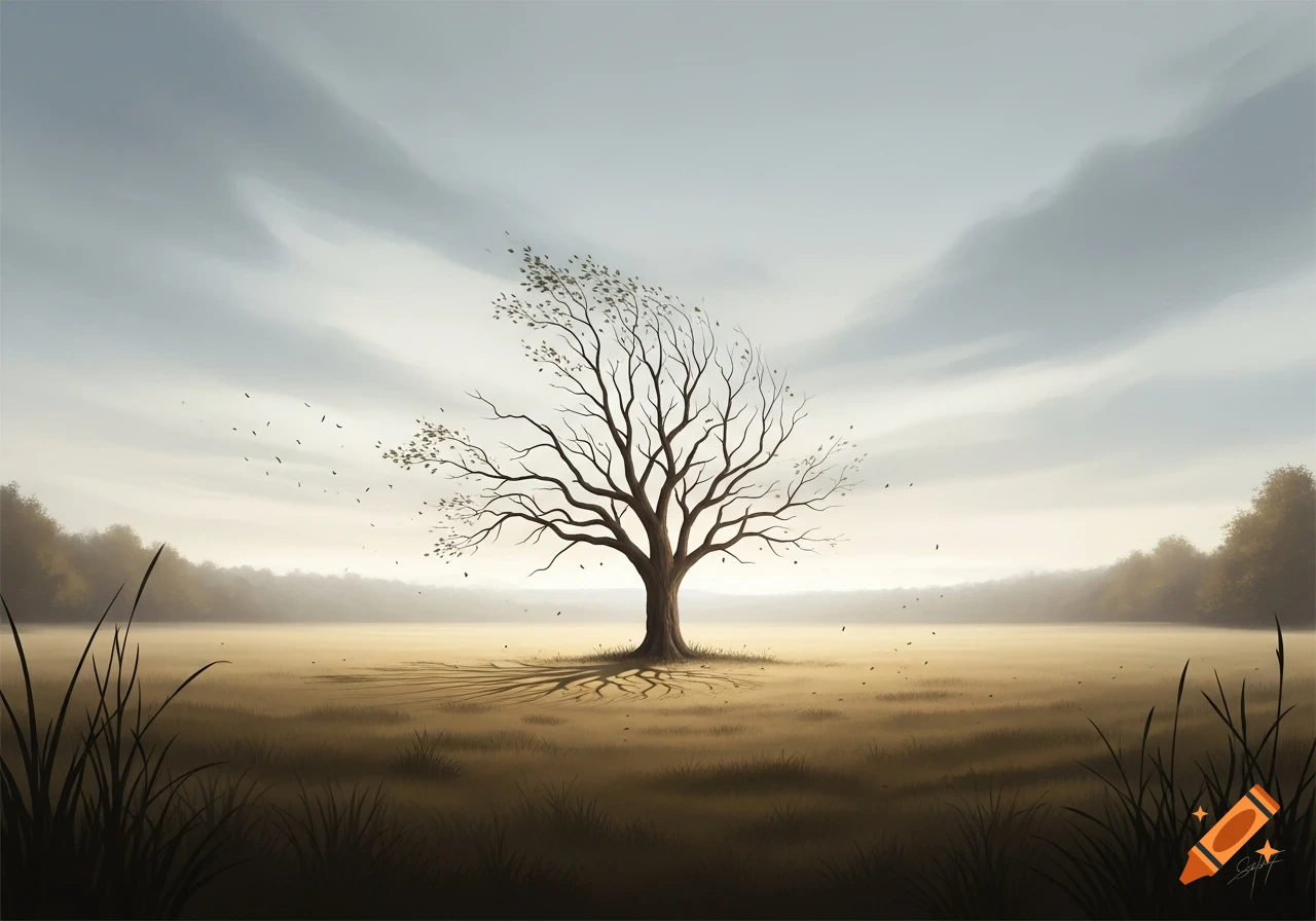 A stylized painting of a solitary, bare tree with some leaves blowing off, standing in a vast, misty field under an overcast sky.