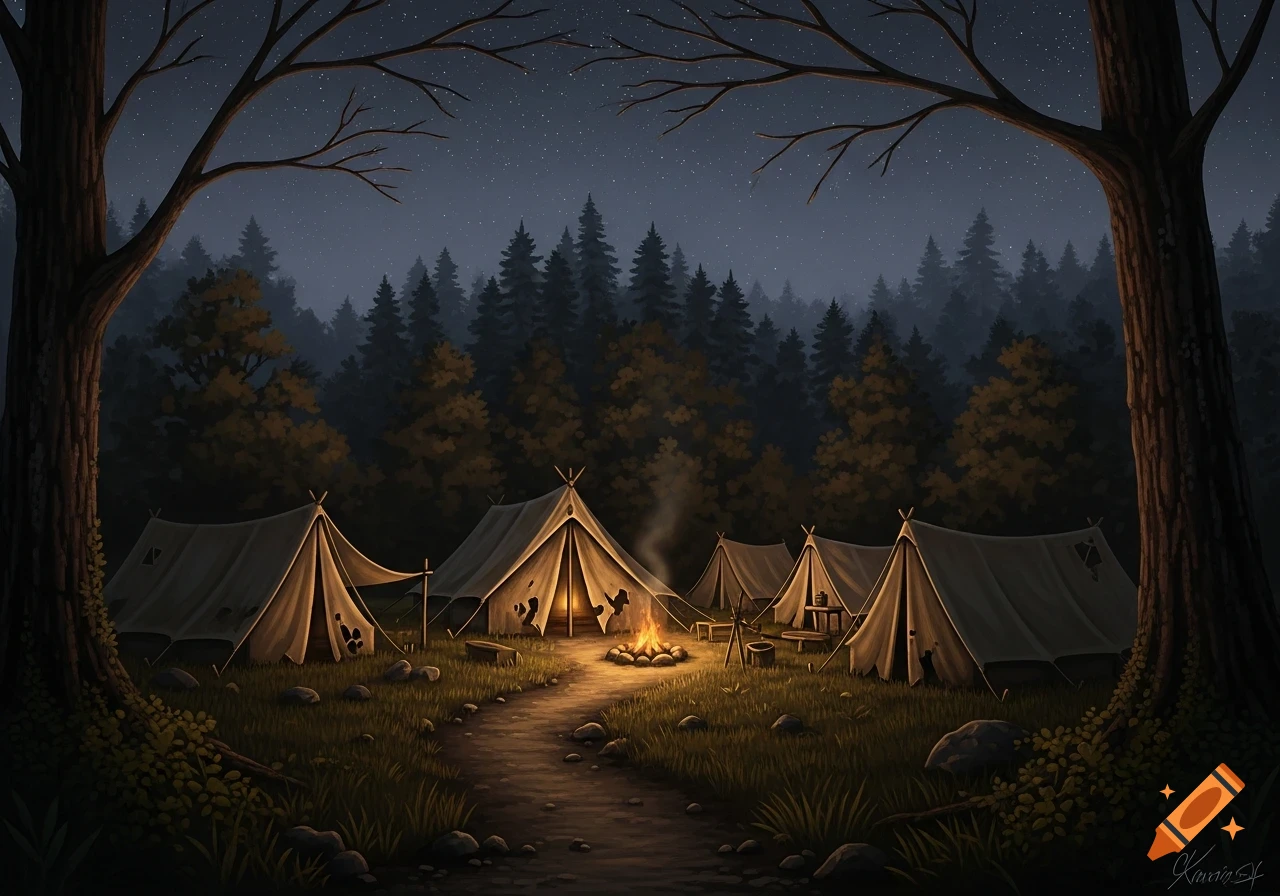 Stylized illustration of a cozy campsite at night with multiple lit tents and a warm campfire in a forest under a starry sky.