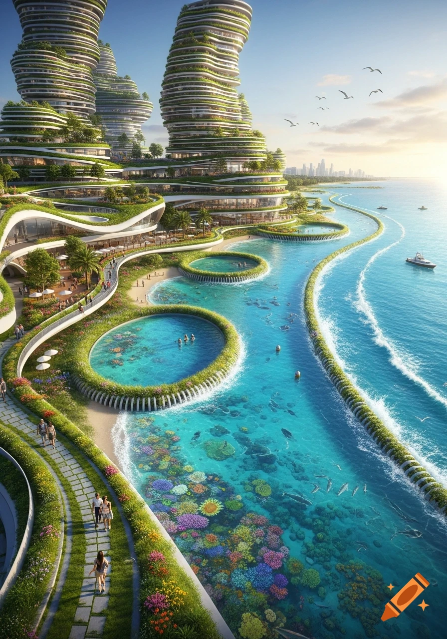 Photorealistic aerial view of a futuristic coastal city with green, flowing architecture, clear turquoise waters, abundant marine life, and lush vegetation.