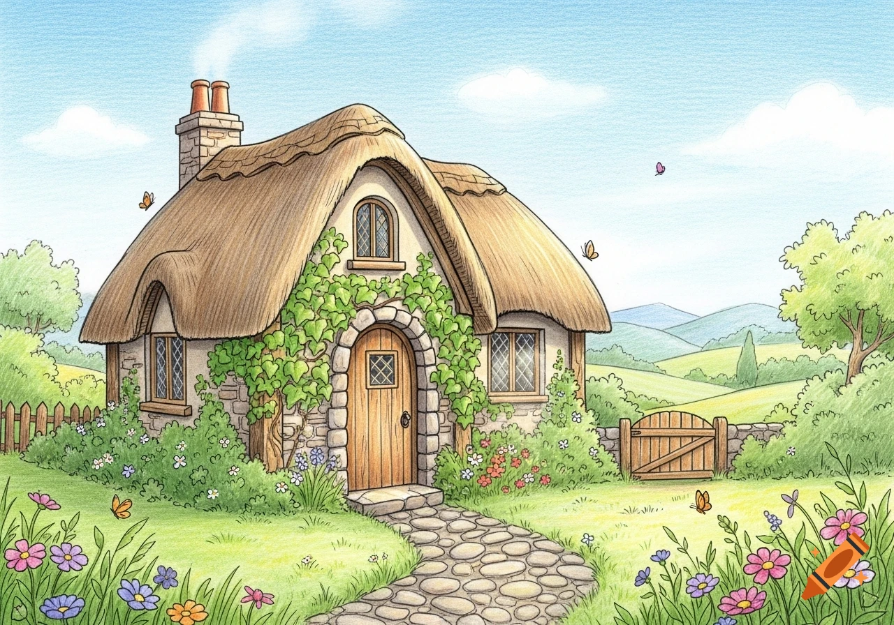 A charming cartoon illustration of a thatched-roof cottage with a stone path, surrounded by flowers and green hills under a blue sky.