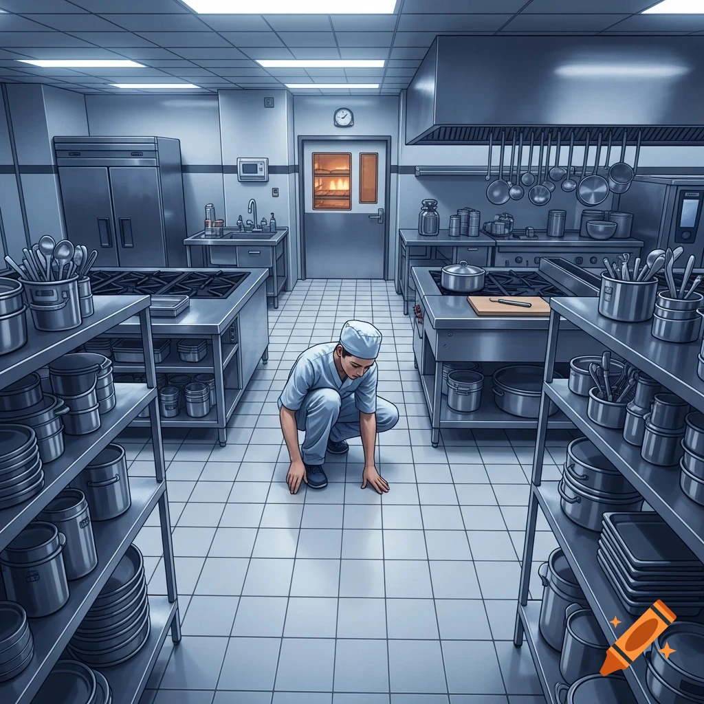 A person in a chef's uniform squats in a clean, blue-toned commercial kitchen, illustrated clearly.