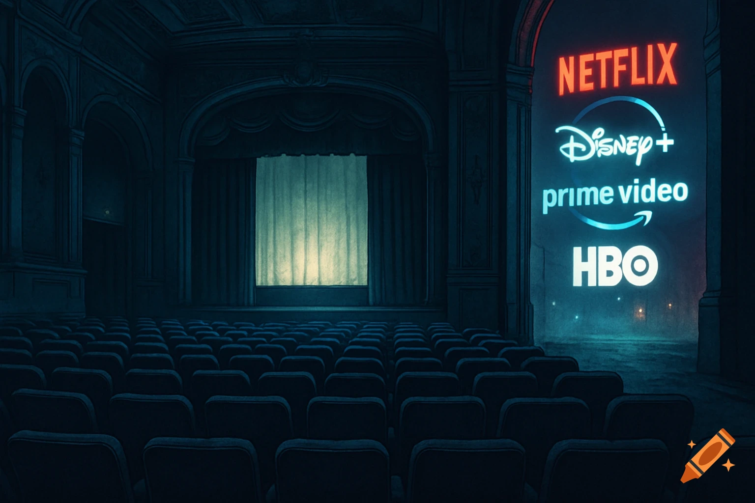 An empty, dark movie theater auditorium with a stage and rows of seats. On the right wall, neon logos for Netflix, Disney+, Prime Video, and HBO glow brightly.