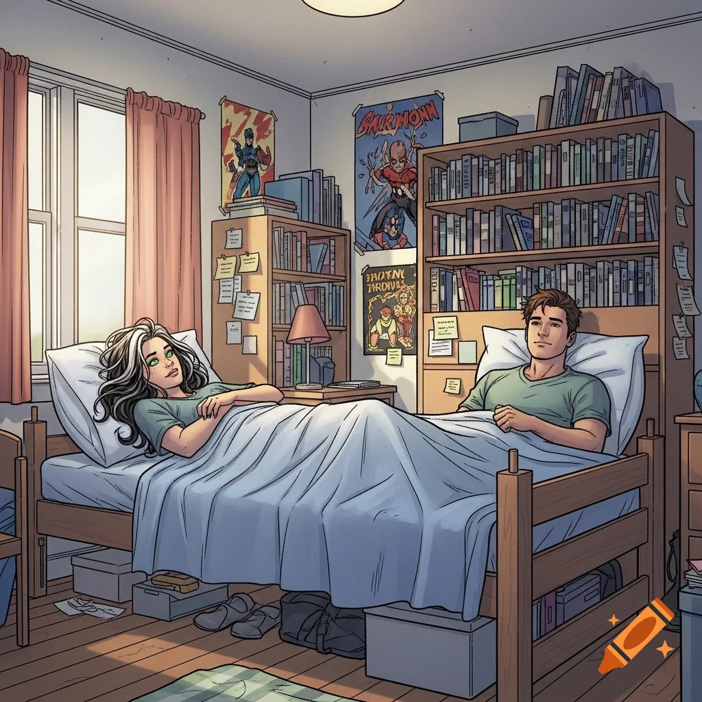 A green-eyed woman with black and white hair and a brown-haired man in a dorm room, lying in separate beds, in Marvel comic style art.