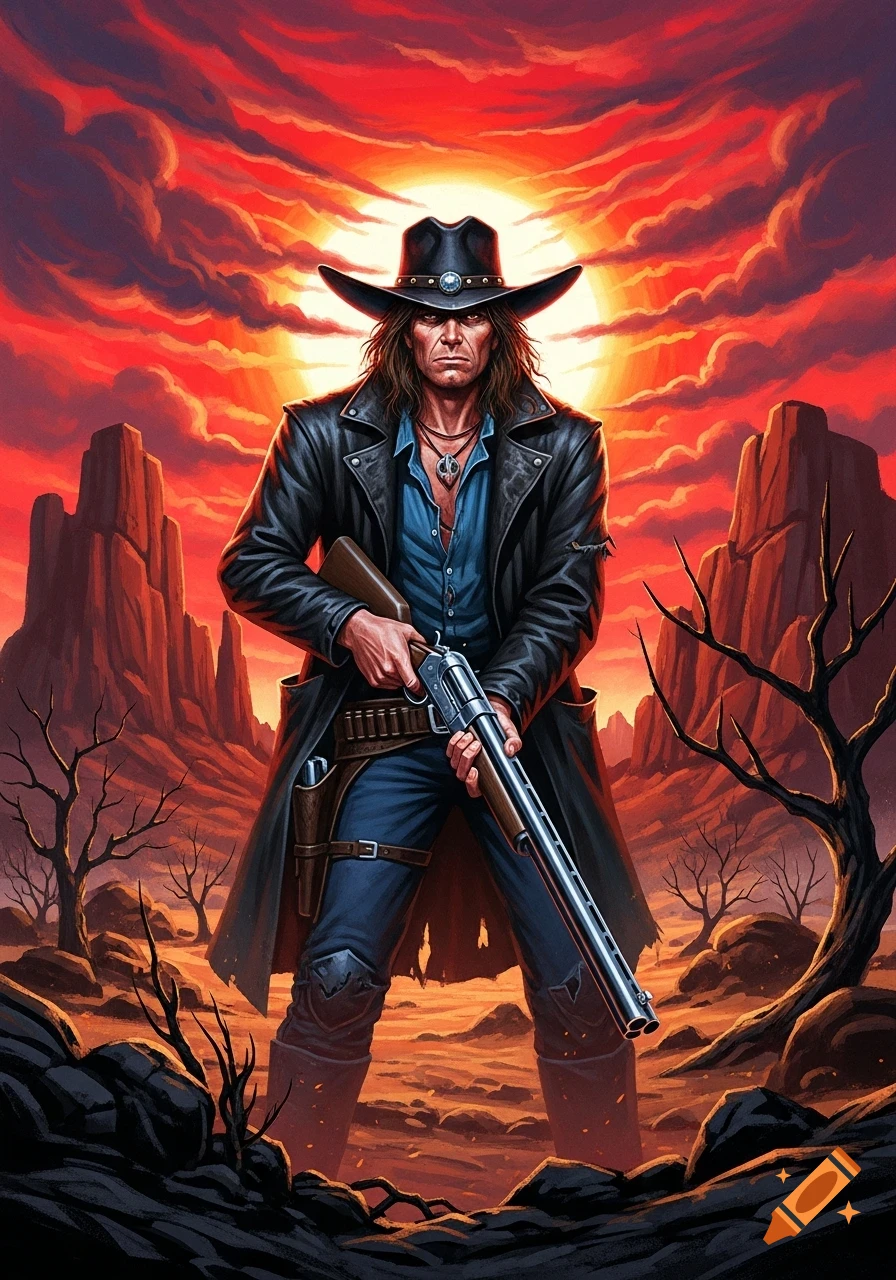 Stylized art of a long-haired cowboy in a duster coat and hat holding a shotgun in a dramatic red desert sunset.