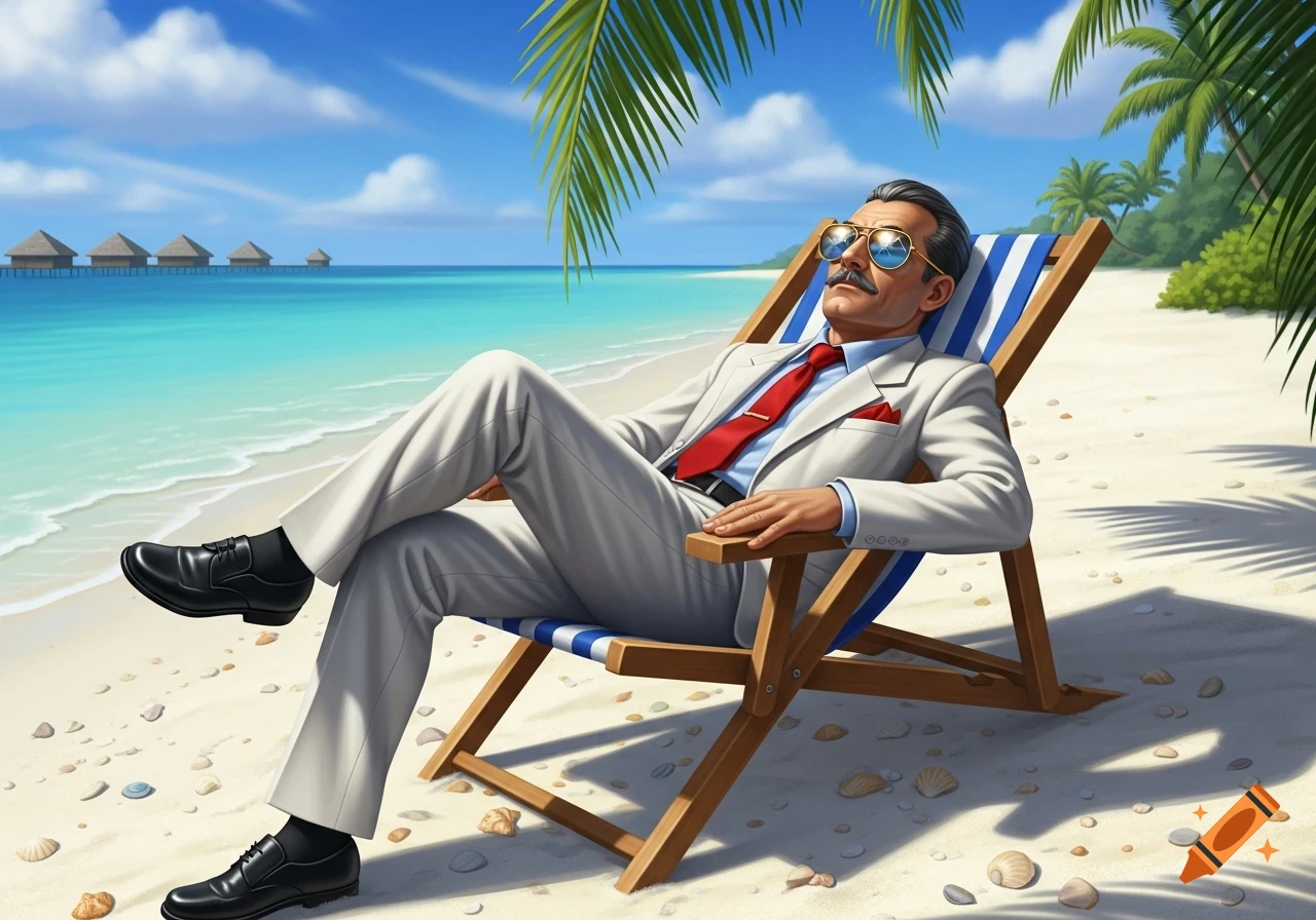 A distinguished man in a white suit and sunglasses relaxes on a striped beach chair under palm trees on a tropical beach with bungalows.