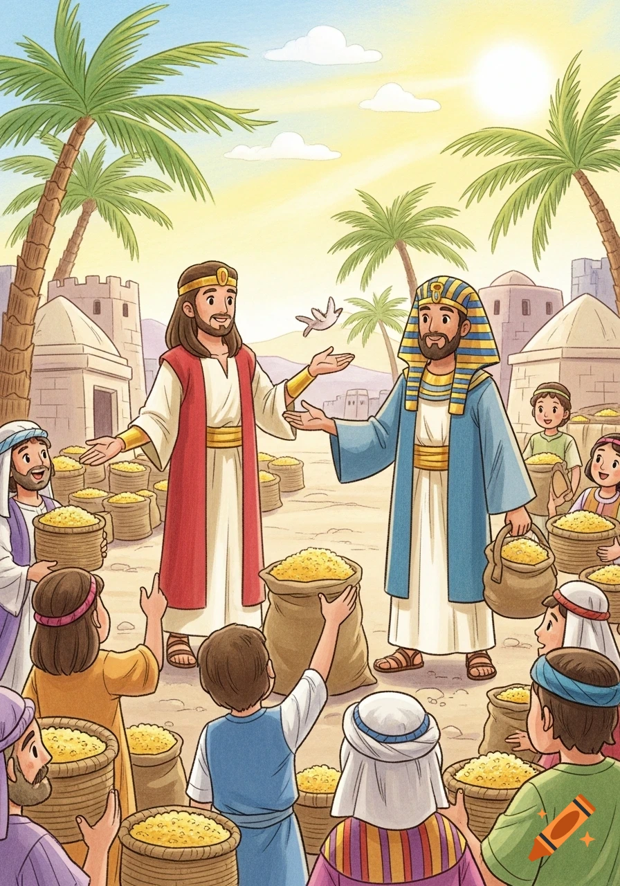 Colorful children's illustration of Joseph and Pharaoh overseeing grain distribution to a crowd in ancient Egypt with palm trees and buildings.