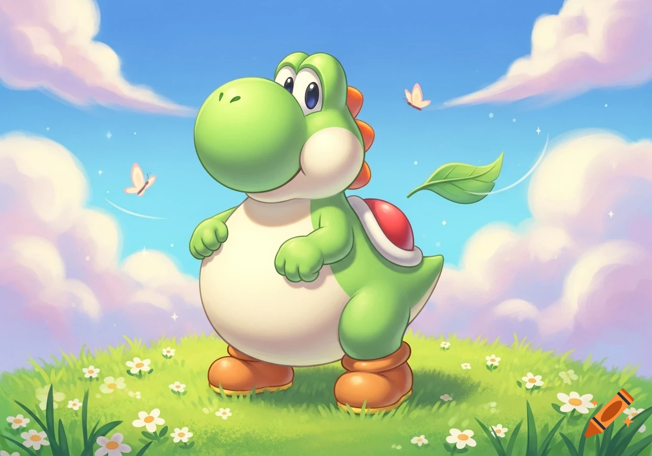 A plump, green Yoshi stands in a grassy field with white flowers, beneath a blue sky with fluffy pink clouds and butterflies.