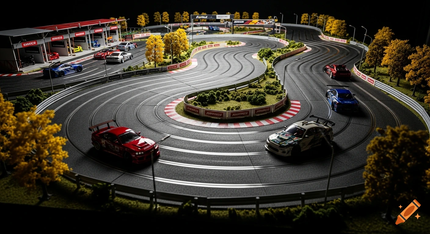 An aerial view of a miniature slot car race track with several brightly colored cars, pit stops, and autumnal trees under a dark sky.