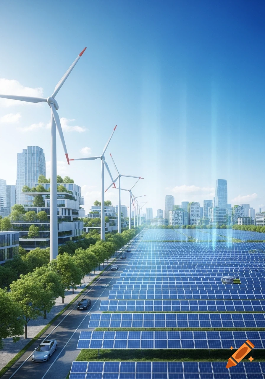 Photorealistic image of a modern city with wind turbines, green buildings, and vast solar panel fields under a blue sky.
