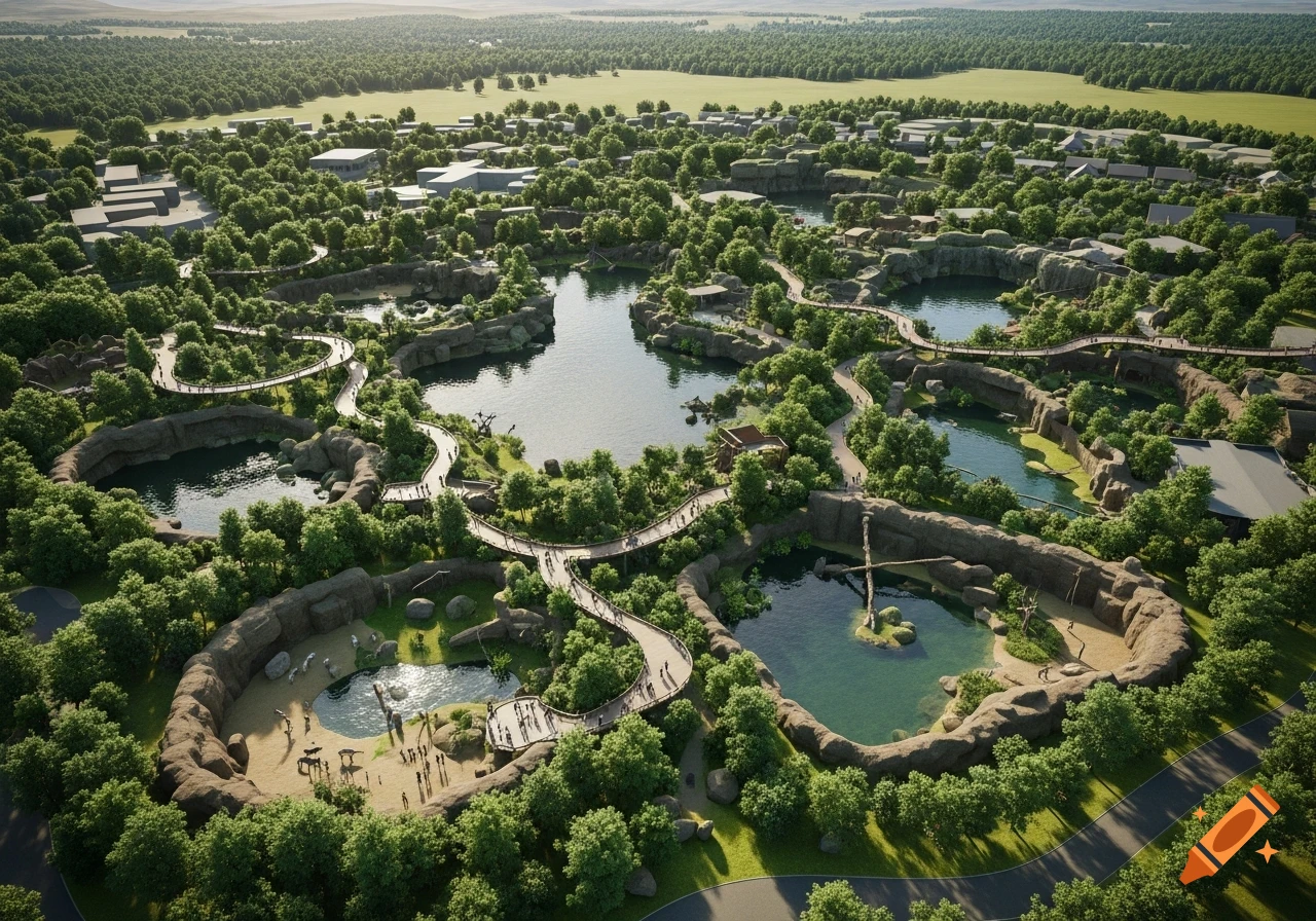 Aerial view of a sprawling, modern zoo with interconnected ponds, rocky enclosures, lush trees, and winding pedestrian pathways, photorealistic.
