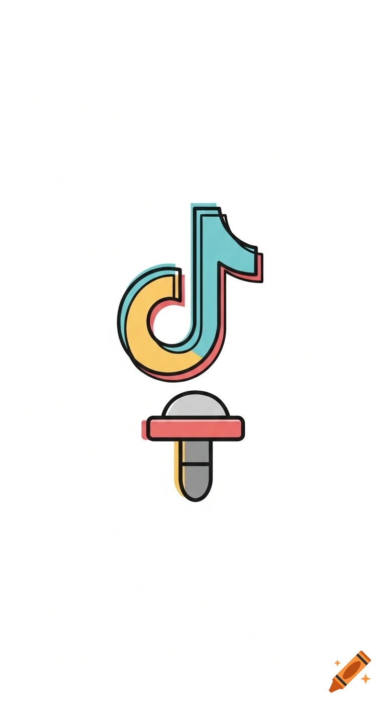 A minimalist, line-art illustration of a musical note, resembling the TikTok logo, above a microphone, with flat colors on a white background.