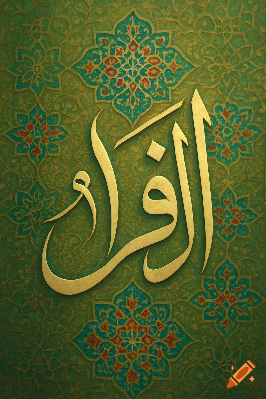Golden Arabic calligraphy for 'Iqra' on a textured green background with teal and red floral patterns.