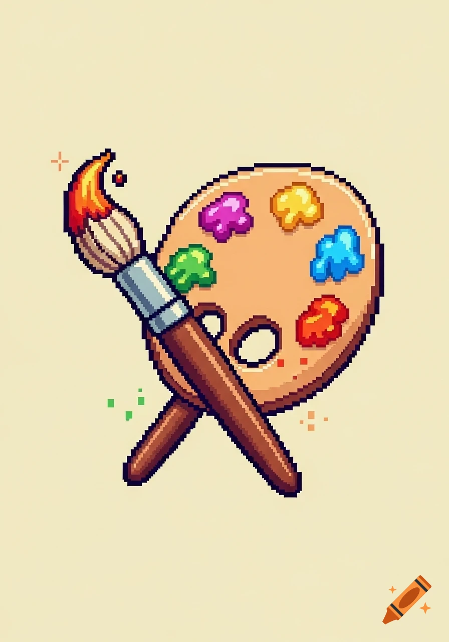 Pixel art illustration of a paintbrush with a red tip crossing an artist's palette with colorful paint blobs.