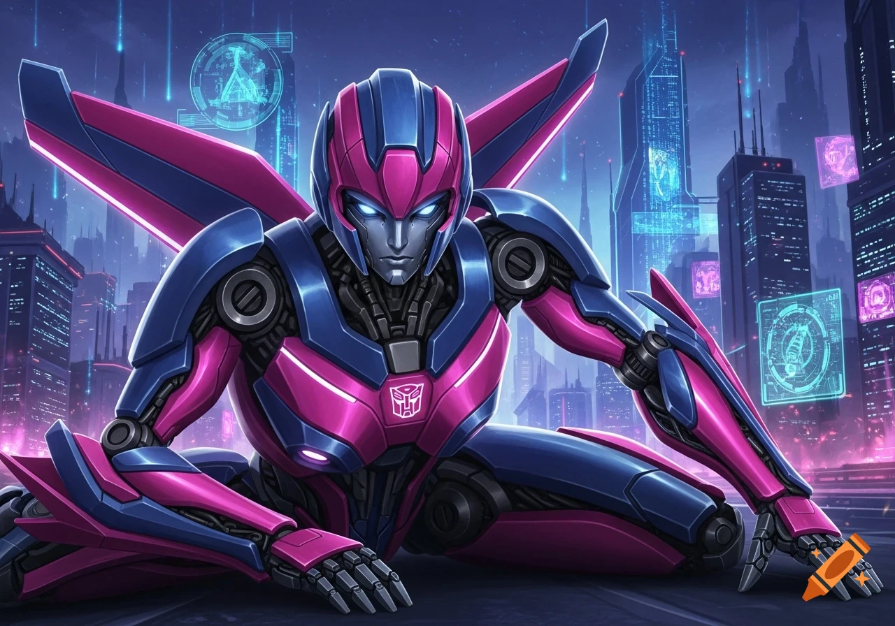 Pink and blue Transformer Arcee kneels in a futuristic cyberpunk city with glowing displays, dynamic sci-fi art.