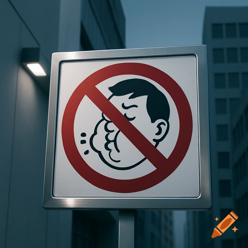 A square metallic sign with a red no-symbol over a cartoon of a person burping, set against blurred urban buildings.