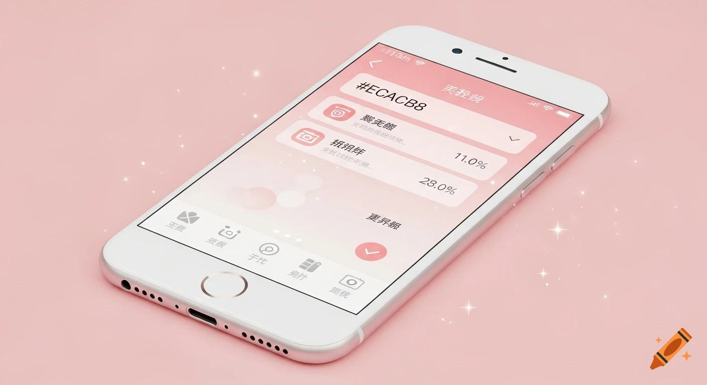A white smartphone displaying a minimal pink tech-style app screen with sparkles, on a pink background.