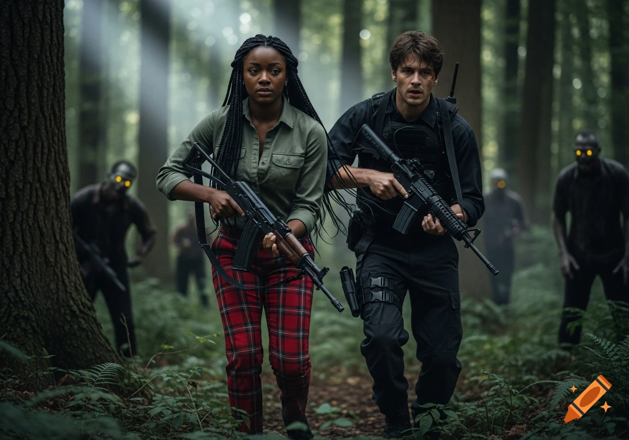 Photorealistic image of a Black woman and a white man with rifles running through a misty forest from zombies with glowing yellow eyes.