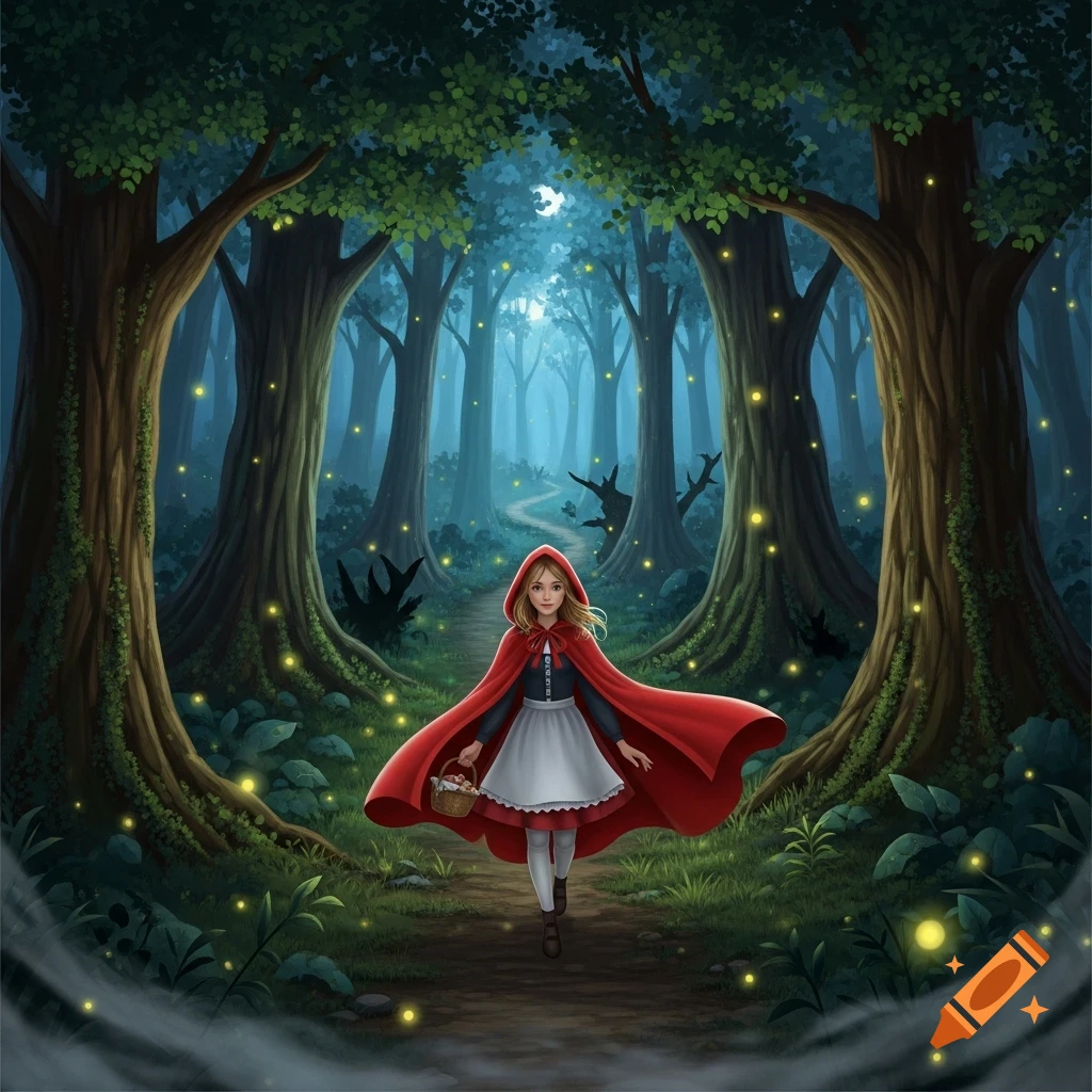 Little Red Riding Hood walks through an enchanted, moonlit forest path with a basket, fireflies glowing around.