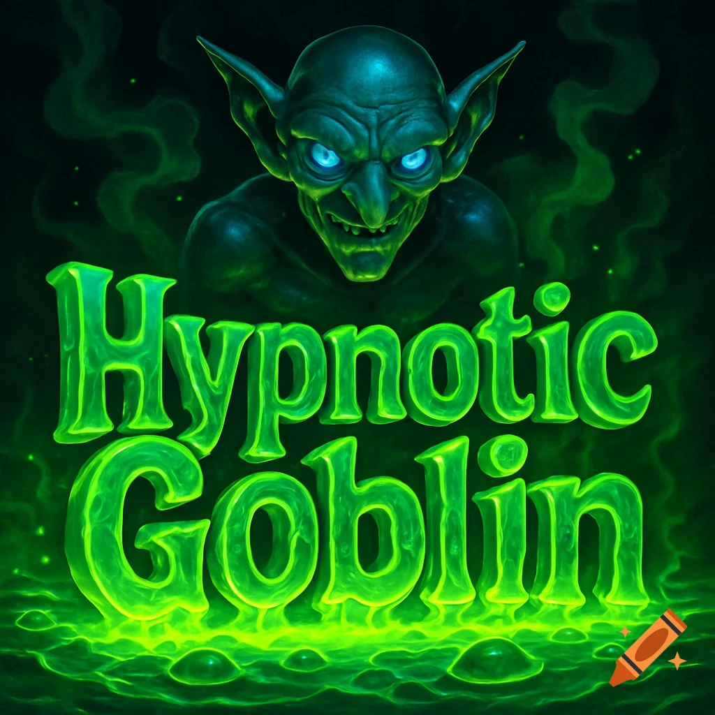 A grinning green goblin with glowing blue eyes above 3D text 'Hypnotic Goblin' surrounded by green smoke and liquid.