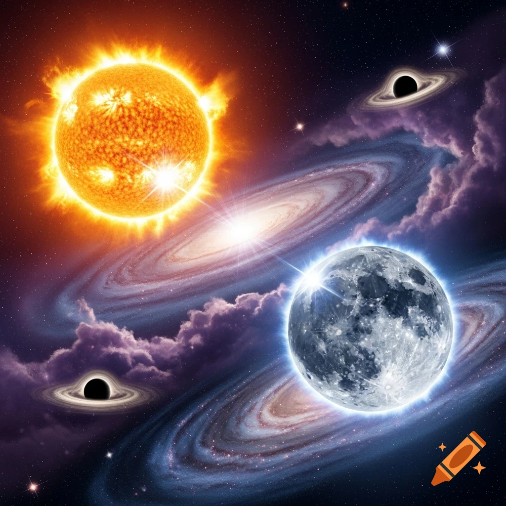 A vibrant cosmic scene with a bright sun, a glowing moon, two black holes, and swirling galaxies in deep space.