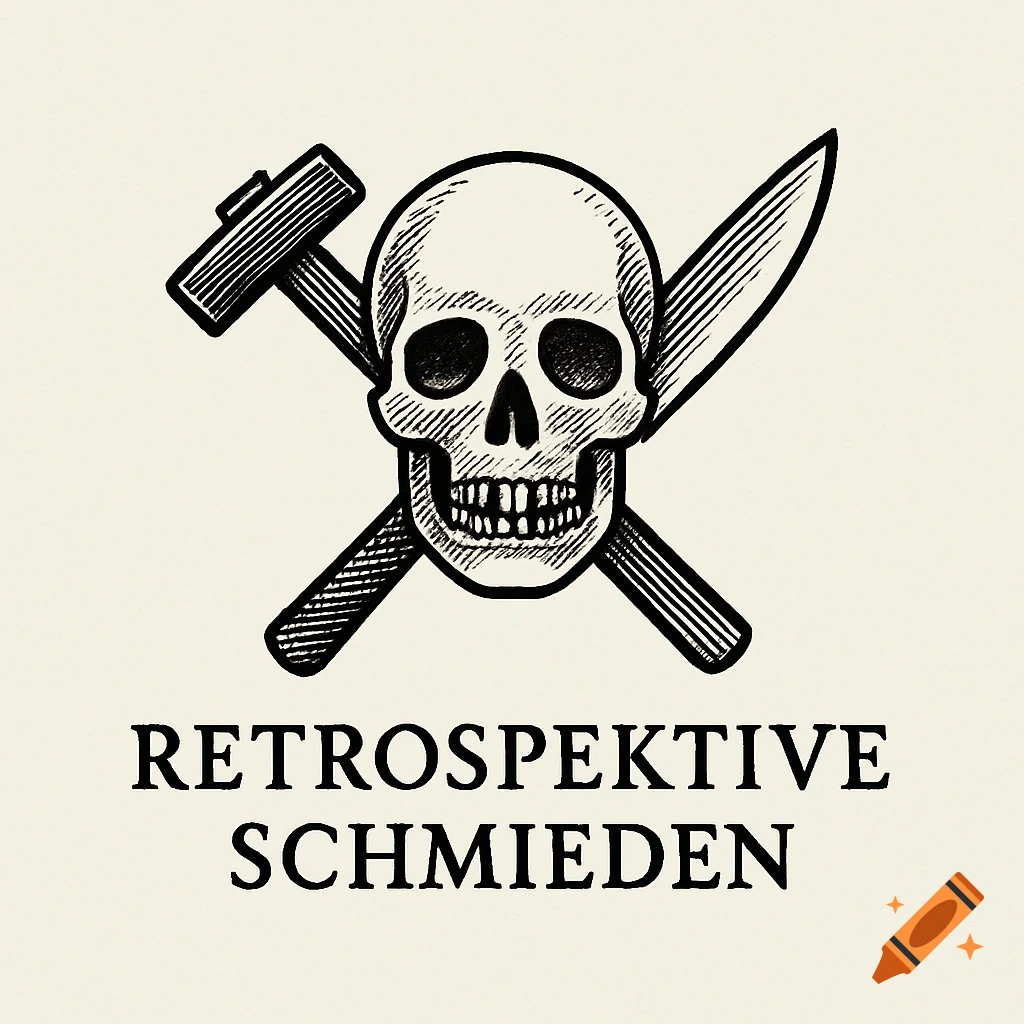 Black and white woodcut-style logo featuring a skull crossed with a hammer and a knife, with 'RETROSPEKTIVE SCHMIEDEN' text below.