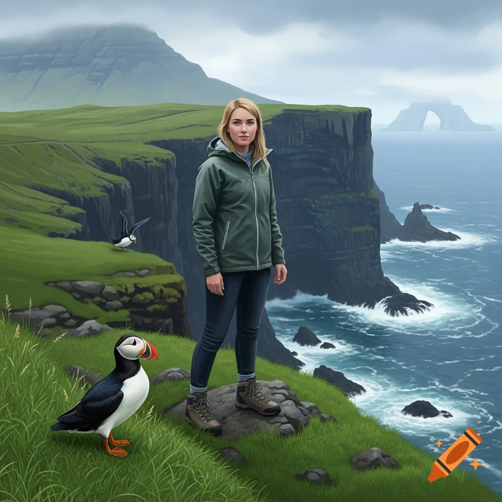 A woman in hiking gear stands on a grassy cliff overlooking the ocean, with a puffin in the foreground and another flying past. Cliffs and a sea arch are in the distance.