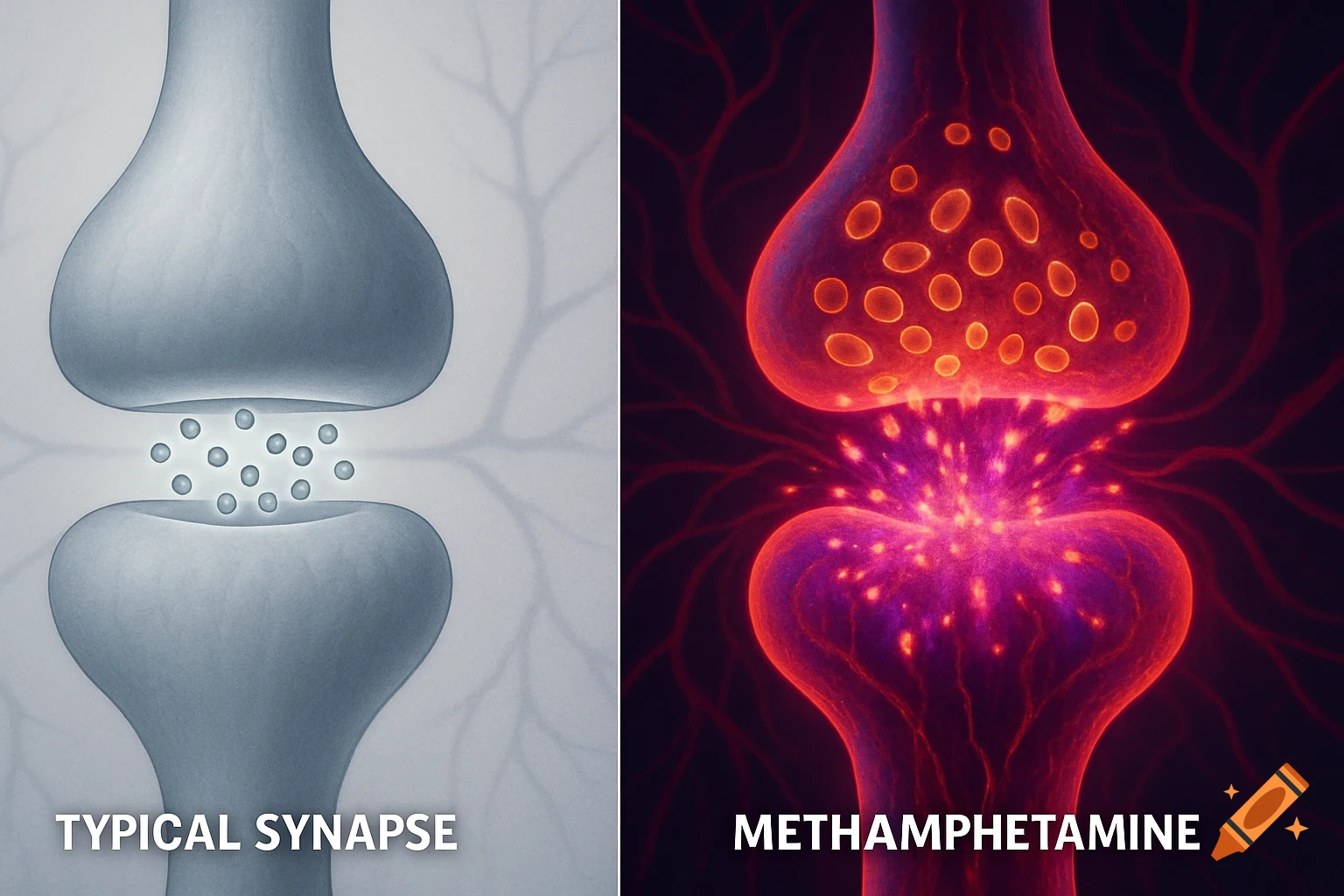 Scientific diagram comparing a typical synapse with normal neurotransmitter release to a synapse affected by methamphetamine with increased activity.