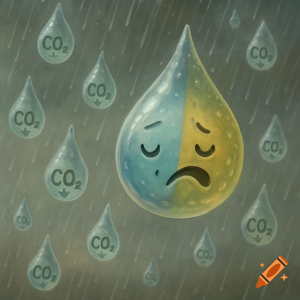 An illustration of a large, sad raindrop split blue and yellow, with smaller raindrops labeled 'CO2' falling in the rain, symbolizing climate change.