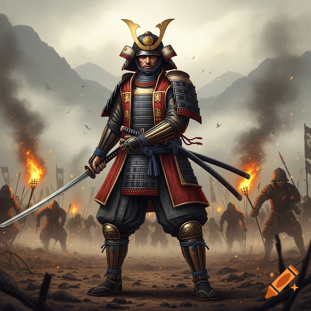 A determined samurai warrior in full armor stands holding a katana in a smoky battlefield filled with other warriors, fires, and mountains.