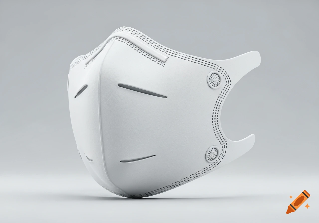 White fish-shaped FFP2 mask on a light gray background, clean product photography style.