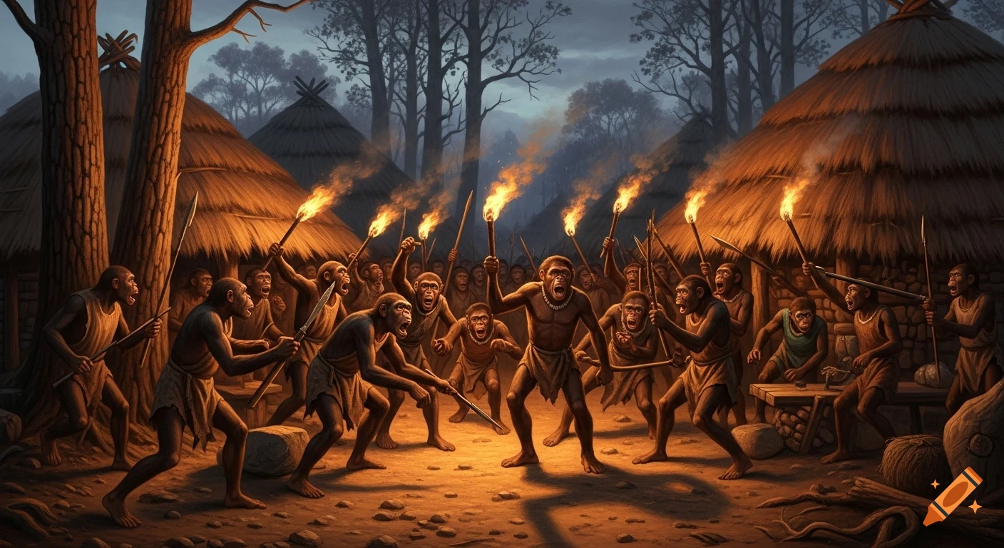 Painting of angry Australopithecus with torches and spears in a rustic village at night.