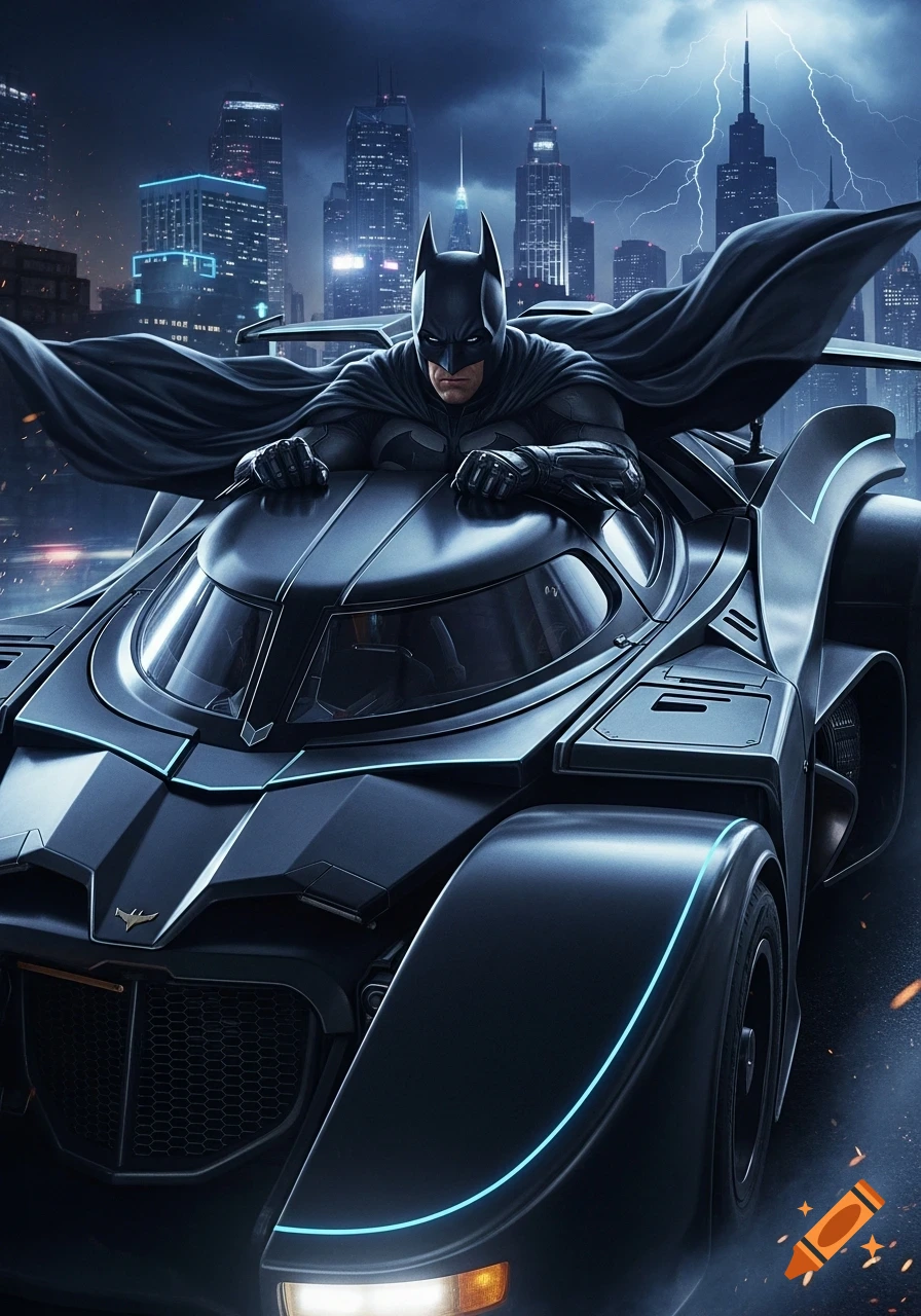 Batman in his Batmobile, silhouetted against a dark, stormy Gotham City skyline with lightning.
