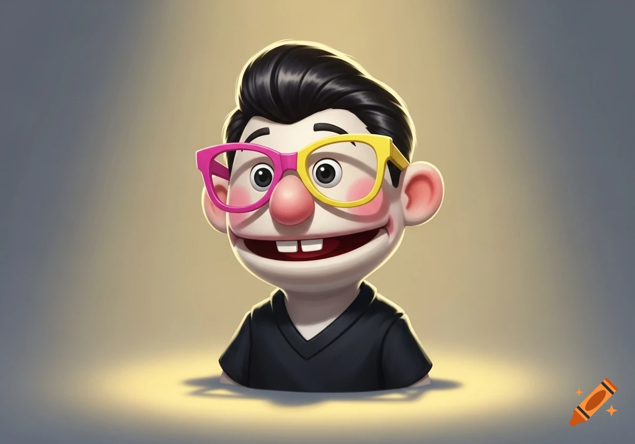 A cartoon puppet with black slicked-back hair, a large nose, rosy cheeks, a wide smile, and mismatched pink and yellow glasses.