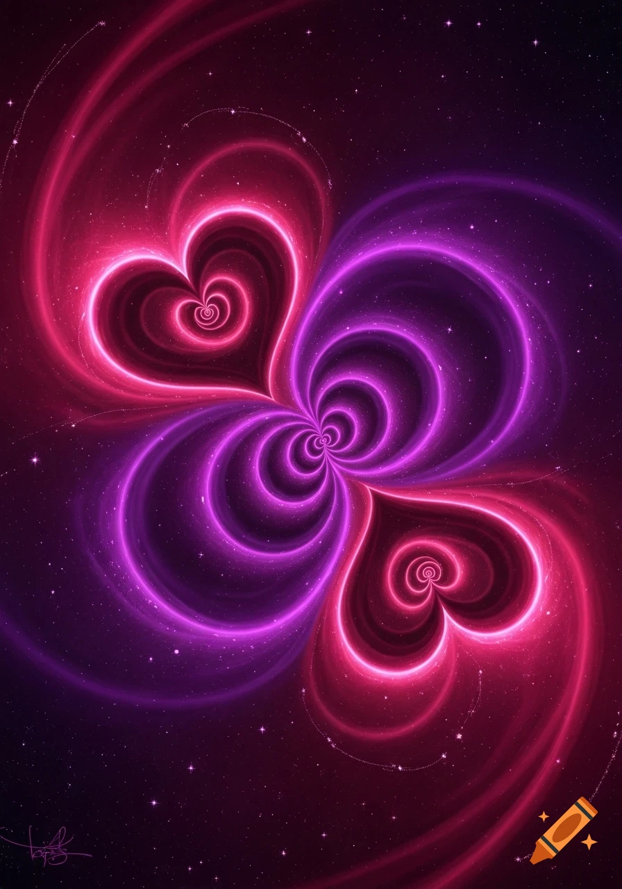 Glowing red and purple hearts intertwined with swirling fractal patterns against a starry cosmic background.