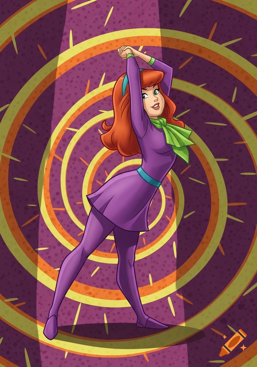Daphne from Scooby-Doo, dressed in purple, poses with raised arms against a swirling purple and yellow background in a 2D cartoon style.