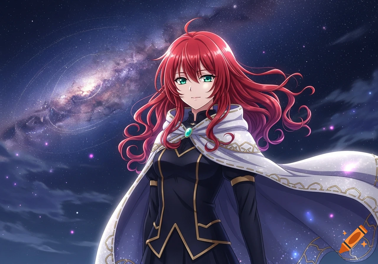 Anime girl with flowing red hair and green eyes, wearing a black dress ...