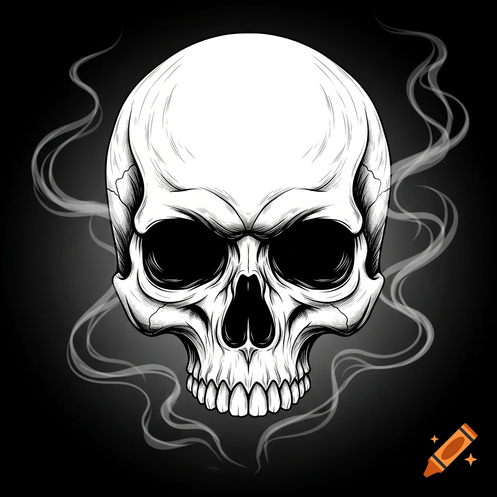 Black and white stylized illustration of a human skull with smoke swirling around it on a dark background.