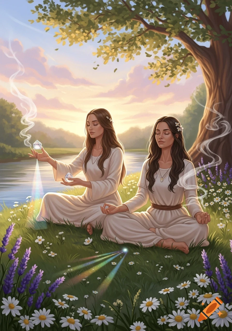 Two women in white robes meditate by a river at sunset, one holding glowing crystals, in a digital painting.