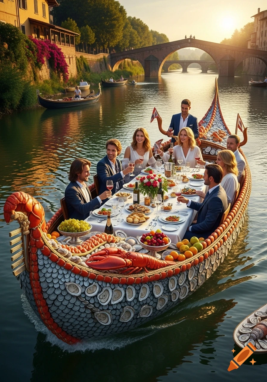 Well-dressed people dine on a lavish, seafood-themed boat on an Italian river, with old buildings and a bridge in the background, at sunset.