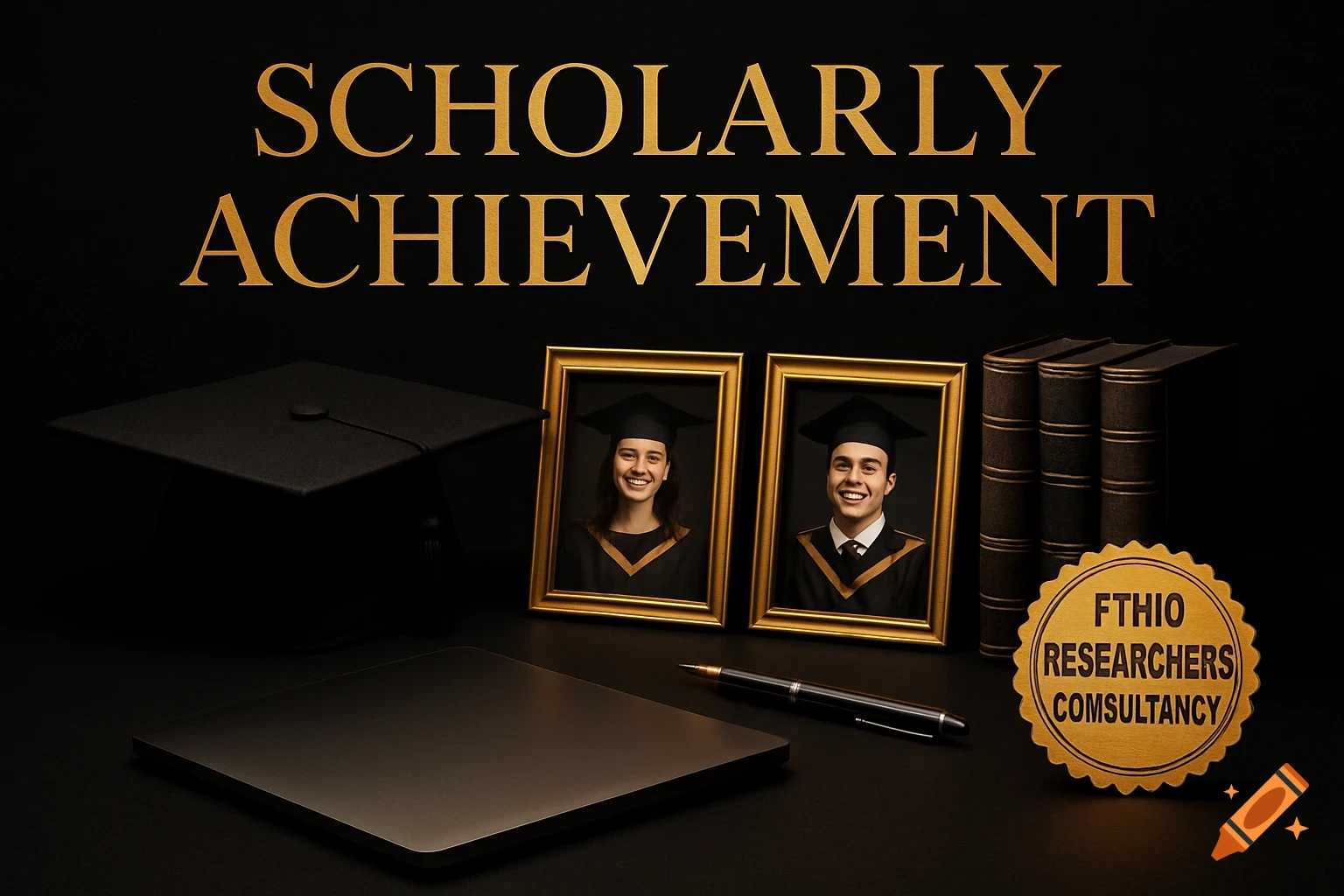 Golden text 'Scholarly Achievement' above framed photos of two smiling graduates, a graduation cap, books, a laptop, a pen, and a gold seal.