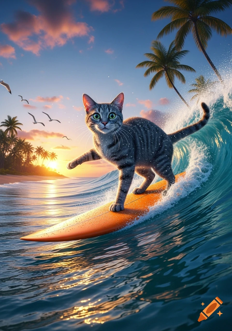 A grey tabby cat with green eyes surfs on an orange surfboard on a blue ocean wave at sunset, with palm trees and seagulls in the background.