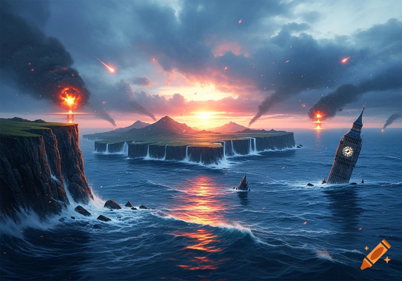 Big Ben sinks into a stormy ocean as an island explodes and meteors fall under a fiery sunset, depicting a global catastrophe.